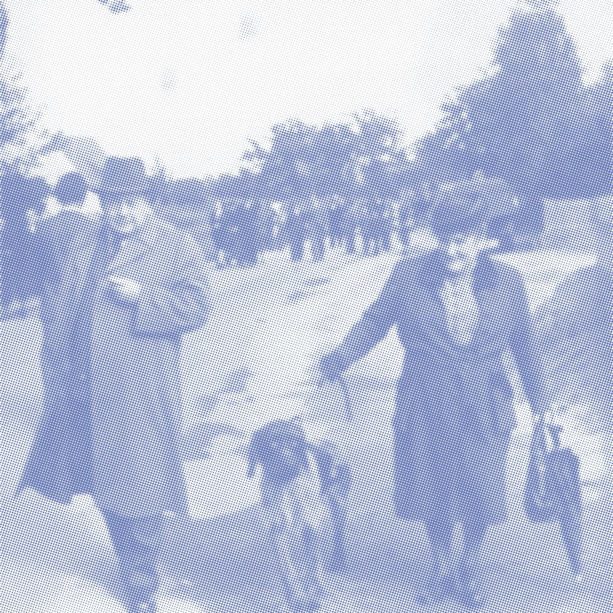 Historische Szene mit Personen und Hund im Raster- oder Halbtonstil