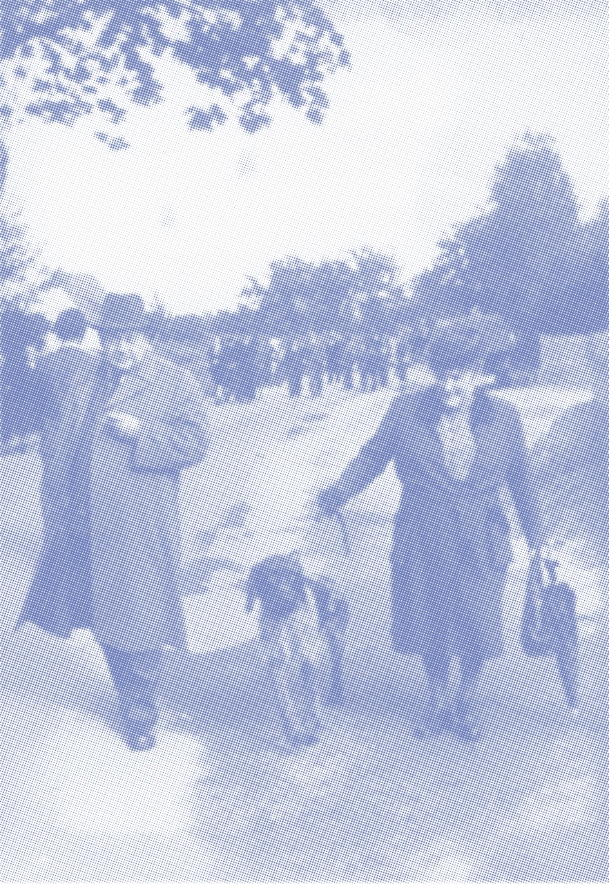 Historische Szene mit Personen und Hund im Raster- oder Halbtonstil